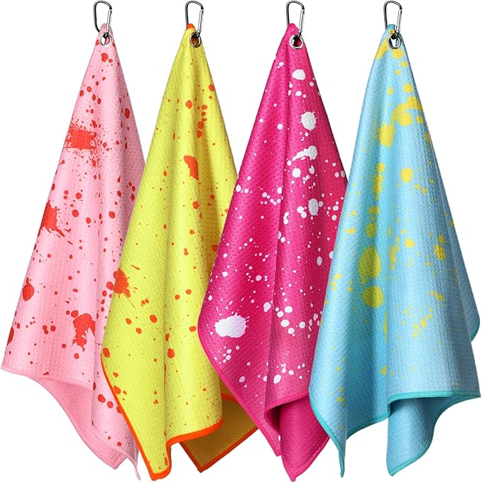Peryiter 4 Pcs Golf Towels (16" x 24") with Clip Drip Lime Microfiber Fabric Waffle Pattern Towels for Golf Bags Absorbent Club Ball Cleaner Accessories and Gifts for Men Women(Fresh Colors)