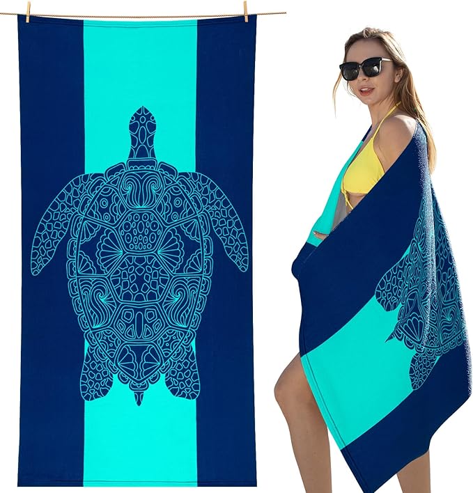 cabanana Sand Free Beach Towel - Large Oversized Beach Towel Sandproof 70x35 Big Microfiber Quick Dry Pool Towel, Thin Lightweight Compact for Travel Swimming Bath for Adults Women Men (Turtle)