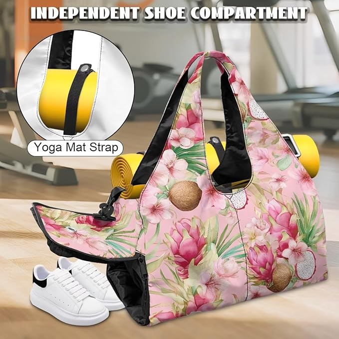 Gym Bag Women with Shoe Compartment, Dragon Fruit Travel Tote Bag with Wet Dry Pocket, Double Zipper, Lightweight Sports Bag for Office Weekend Travel Shopping