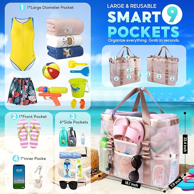 Large Mesh Beach Bag – Lightweight Beach Tote with 9 Pockets, Beach Bag for Women, Men, Family Essentials