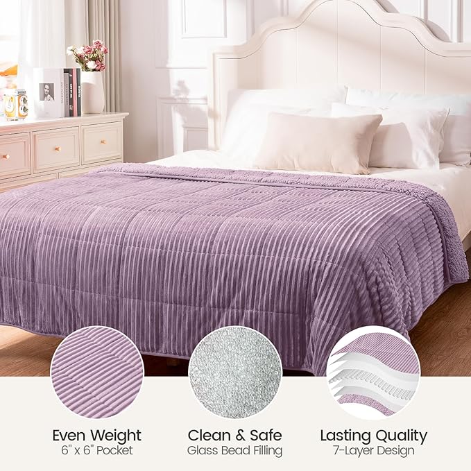 Sherpa Fleece Weighted Blanket with Ribbed Stripes for Adults, 15 lbs Dual Sided Cozy Warm Blanket for Couch Full Size Bed, Glass Beads Heavy Thick Blankets Great for Sleep, Light Purple, 60" x 80"
