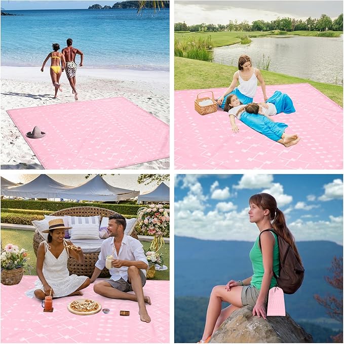 BEW Beach Blanket Waterproof Sandproof, Moroccan Blythe Pink Picnic Blankets, 86''×78'' Large Beach Mat Sand Free for 2-4 Adult, Compact Quick Drying Outdoor Blanket Beach Essentials Must Have