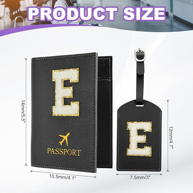 PATIKIL Passport Holder for Travel, Initial Passport Cover and Luggage Tag Set with Alphabet Chenille Letter Patch Travel Wallet Bag Suitcase Identifier for Women Family Travel Black E