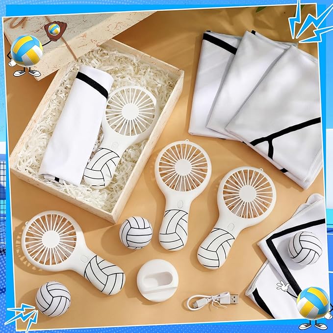 Woanger 24 Pcs Volleyball Cooling Towels and Fans Sets Mini Handheld Fans Bulk 3 Speeds USB Lash Towel for Sporting Volleyball Gifts for Team Games Party Favor