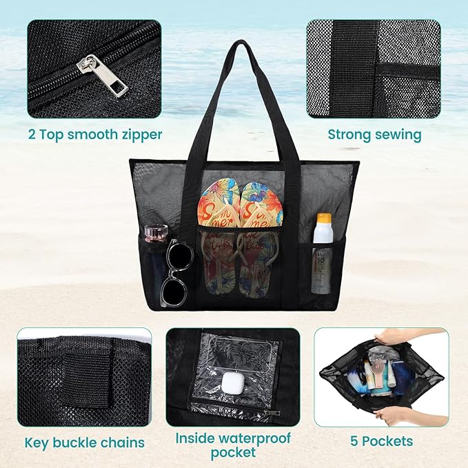 Mesh Beach Bag, Large Bag with Zipper Beach Bags for Women Waterproof Sandproof with 5 Pockets Green