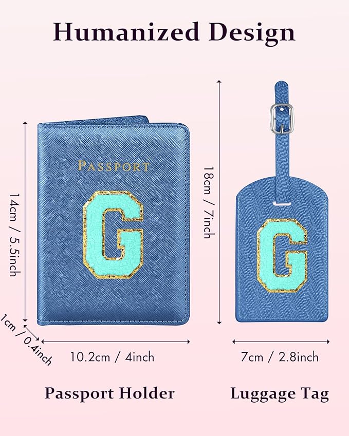 Slohif Passport Holder Initial Lugguage Tag Set Suitcase Cover Wallet Case for Travel Women - Leather Letter Passport Book Personalized Organizer Card Protector Sleeve Essentials Slim Carrier Blue G