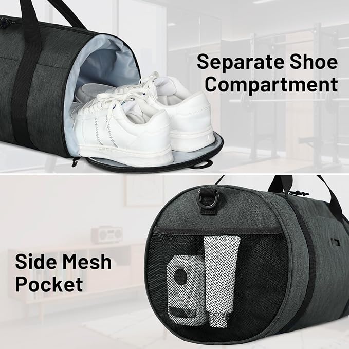 MIER Gym Bag Round Duffle Bag with Shoe Compartment & Wet Pocket, Lightweight Carry on Duffel for Men Women Workout Fitness Travel Sports, 24L, Dark Gray