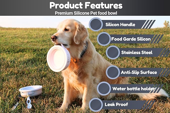 3-in-1 Travel Dog Bowl Set – 30 OZ Stainless Steel + 20 OZ Collapsible Water Bowl Lid | BPA-Free, Anti-Slip, Portable Dog Bowl w/Handle/Water Bottle Holder with Carabiner | Black Bowls