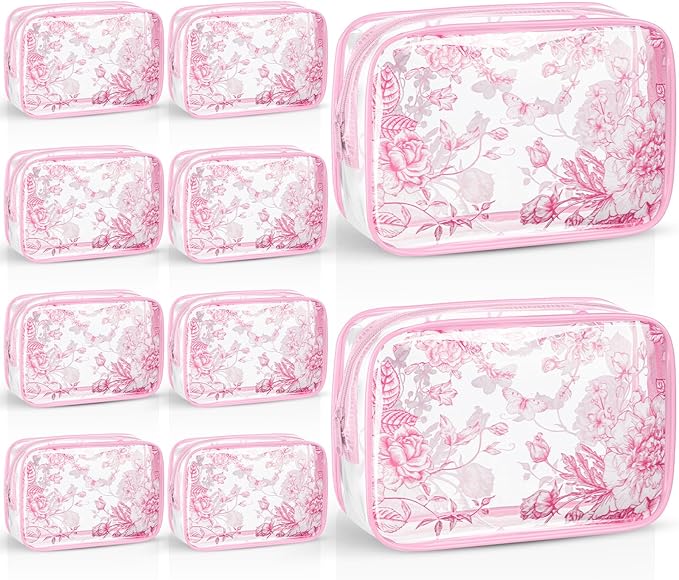 Set of 10 Clear Floral Cosmetic Bags PVC Makeup Bags Waterproof Travel Organizer Toiletry Pouches for Wedding Birthday Baby Shower Party Ideal Gift for Women Nurse Bridesmaid(Pink)