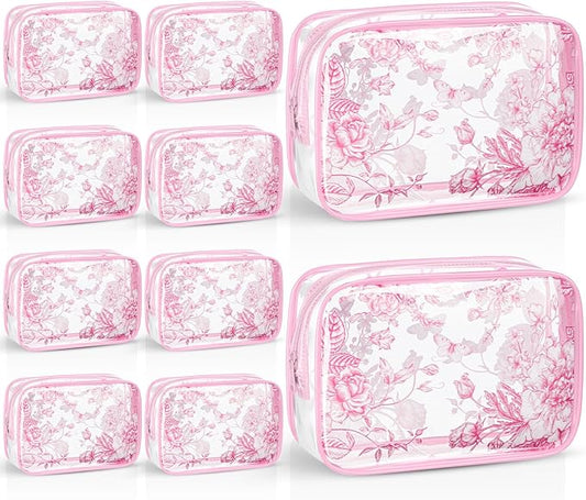 Set of 10 Clear Floral Cosmetic Bags PVC Makeup Bags Waterproof Travel Organizer Toiletry Pouches for Wedding Birthday Baby Shower Party Ideal Gift for Women Nurse Bridesmaid(Pink)