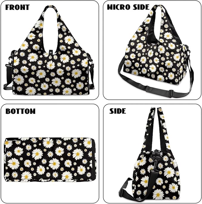Daisy Flower Sports Gym Duffle Bag with Shoes Compartment Large Personal Item Travel Bag Beach Swim Overnight Weekender Duffel Carry On Bags, Black