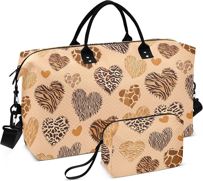 Travel Duffle Bag, Leopard Print Heart Gym Bag with Storage Bag Weekender Overnight Bag for Men Women Trip Sports Yoga