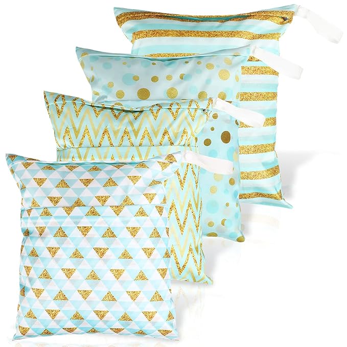 Frienda 4 Pieces Wet Dry Bag for Baby Waterproof Reusable Washable Diaper Bag Sealed with Handle for Travel, Beach, Swimsuit, Diapers, Dirty Gym Clothes and Toiletries (Tropical)