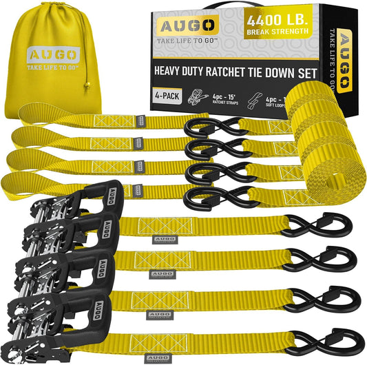 AUGO Heavy Duty Ratchet Straps & Soft Loops – Pack of 4 Extra Strong 1.5” by 15’ Ratchet Straps w/S-Hook Safety Latches & 4 Soft Loop Tie Downs – 4400Lb Break Strength for Motorcycles, ATVs, Etc.