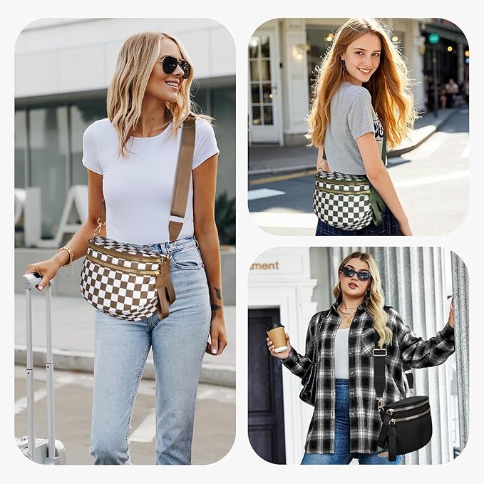 Spacious Nylon Checkered Crossbody Bum Bag for Women, Fashion Checkerboard Fanny Pack Purse with Anti-theft Pocket, Adjustable Wider Strap Wasit Bag (White-Green)