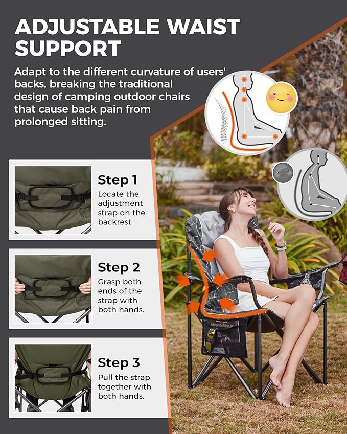 KingCamp Oversized Camping Folding Chair, Heavy Duty 450 LBS with Lumbar Support, Padded seat with Cup Holder&Cooler Bag, Ideal for Camp, Fishing, Sports Event, Backyard, Patio, Lawn
