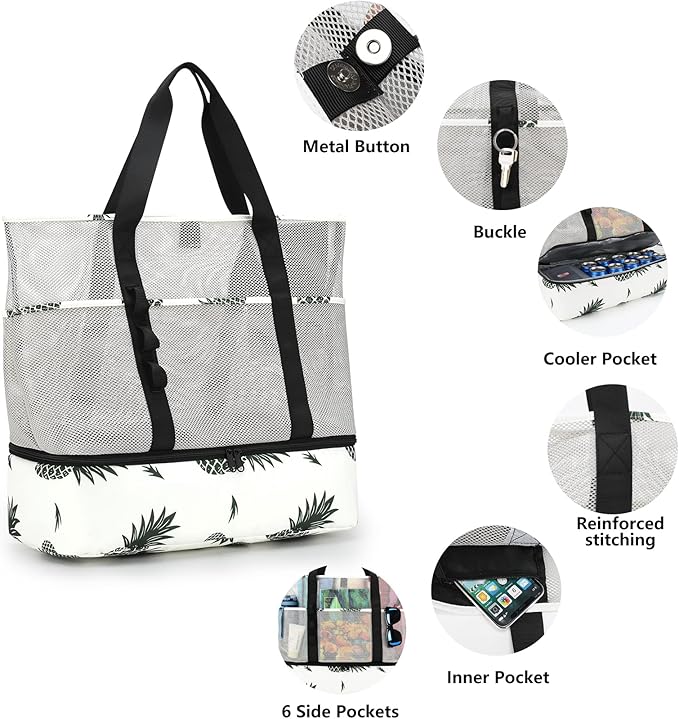 Beach Bag with Cooler,Mesh Beach Bags for Women Sandproof for Pool and Swimming Travel Daily with Durable 8 Pocket