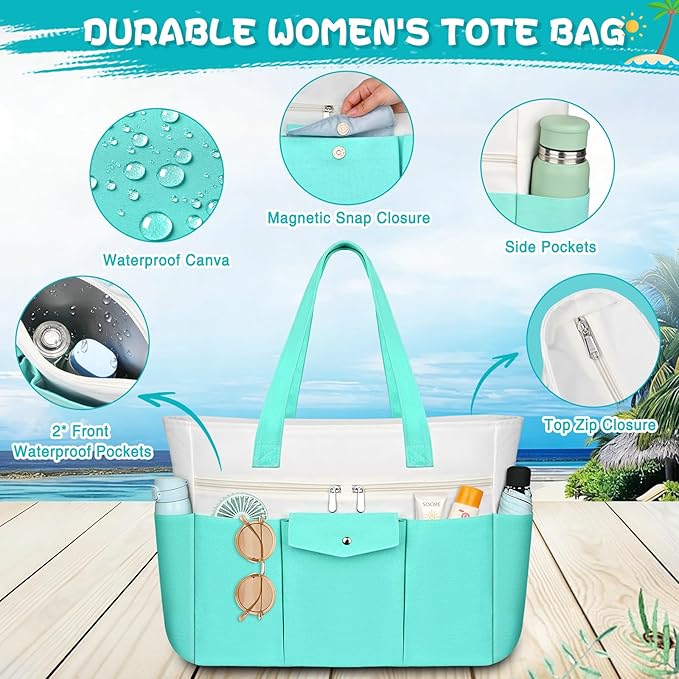 Beach Bags for Women Large Canvas Beach Tote with Zipper Wet Pocket, Waterproof Foldable Swim Pool Travel Tote Bags