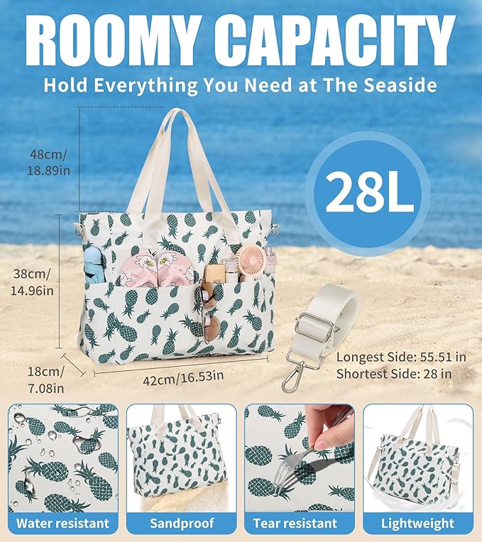 Beach Bags for Women, Large Waterproof Sandproof Swim Pool Bag with Dry Wet Seperated Pocket Utility Tote Bag