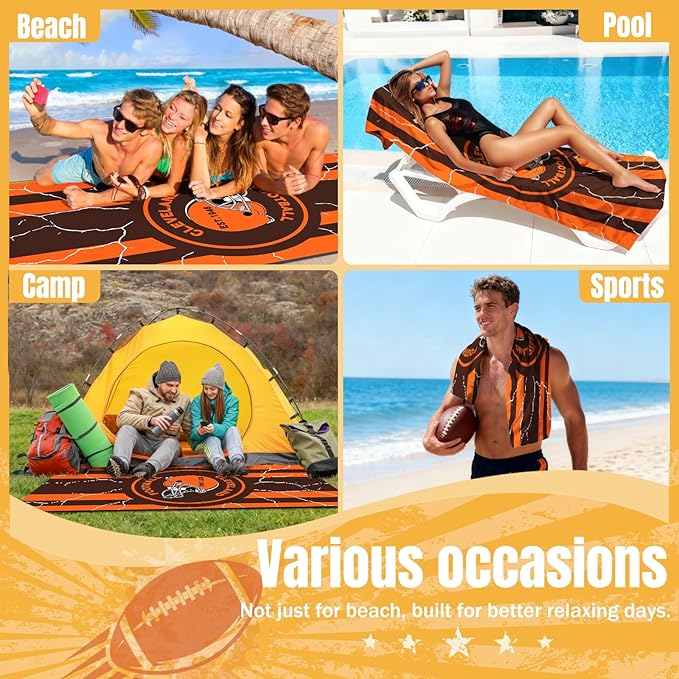 2 Pack Football Fan Thin Lightweight Microfiber Beach Towel Themed Big Sand Free Oversized Browns Team Men Women Gear Father Dad Birthday Gifts Ideal from Daughter Son Who Want Nothing Everything