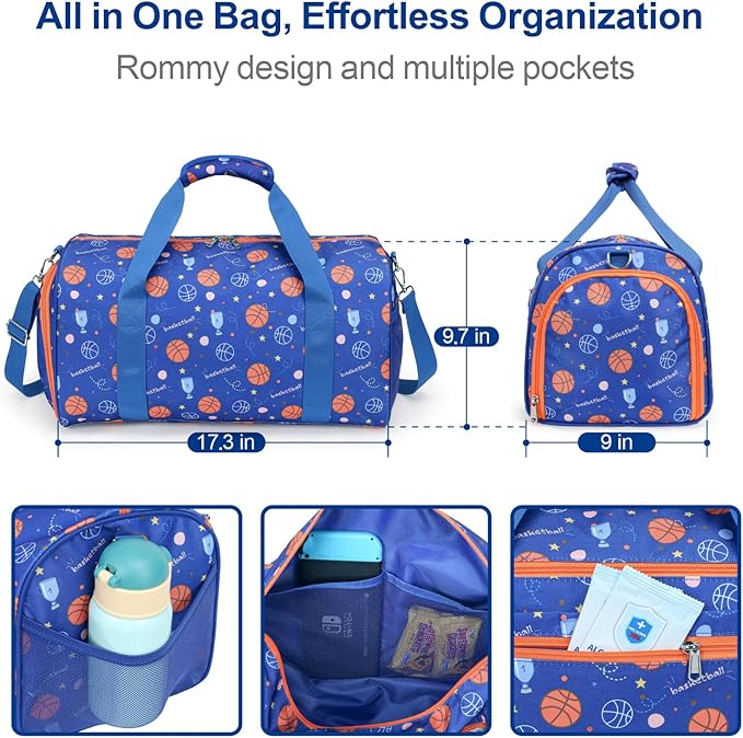 Bagseri Boys Duffle Bag for Travel - Kids Gym & Sports Bag with Shoe Compartment & Water Resistant Wet Pocket, Weekender for Camping & Sleepover (Blue Basketball)