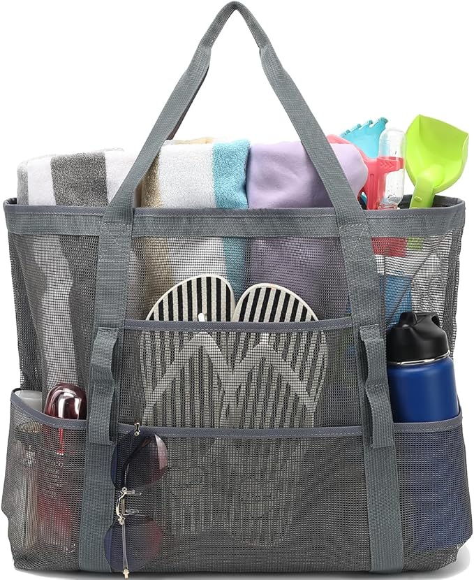 Mesh Beach Bag, Large Beach Tote with Zipper Pocket, Toys Pool Bag for Family Travel Vacation Cruise Essentials