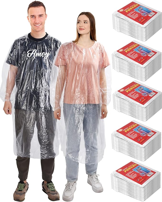 JaGely 80 Pack Disposable Adult Rain Ponchos Bulk Wedding Family Travel Theme Parks Homeless Hooded Elastic Outdoor Raincoat(Clear)