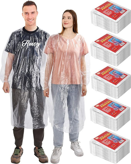 JaGely 80 Pack Disposable Adult Rain Ponchos Bulk Wedding Family Travel Theme Parks Homeless Hooded Elastic Outdoor Raincoat(Clear)