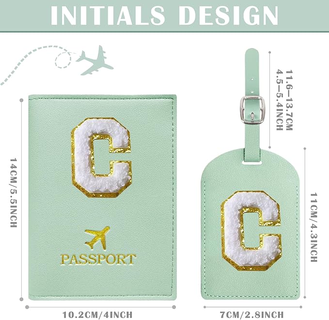 COSHAYSOO Green Passport Cover Holder and Initial Luggage Tag Set TSA Approved with Personalized Monogram Chenille Letter Patch for Women Teen Girls Couples, Preppy Travel Bag Suitcase Identifier (C)