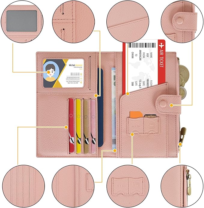 WASON Leather Passport Cover Travel Wallet RFID Blocking – Passport Holder Slot with Zipper Pocket for lD, Boarding Pass,Ticket, Cash, SD Card, Travel Essentials for Men and Women (Pink)