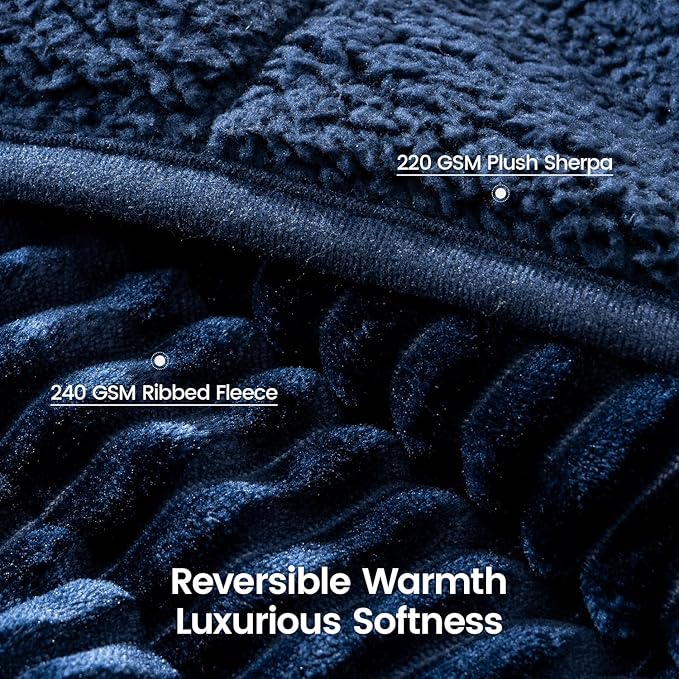 Sherpa Fleece Adult Weighted Blanket with Ribbed Stripes, 15 Pounds Dual Sided Soft Plush Blanket for Couch Bed Sofa, Heavy Thick Blankets with Glass Beads Great for Sleep, Navy Blue, 48" x 72"