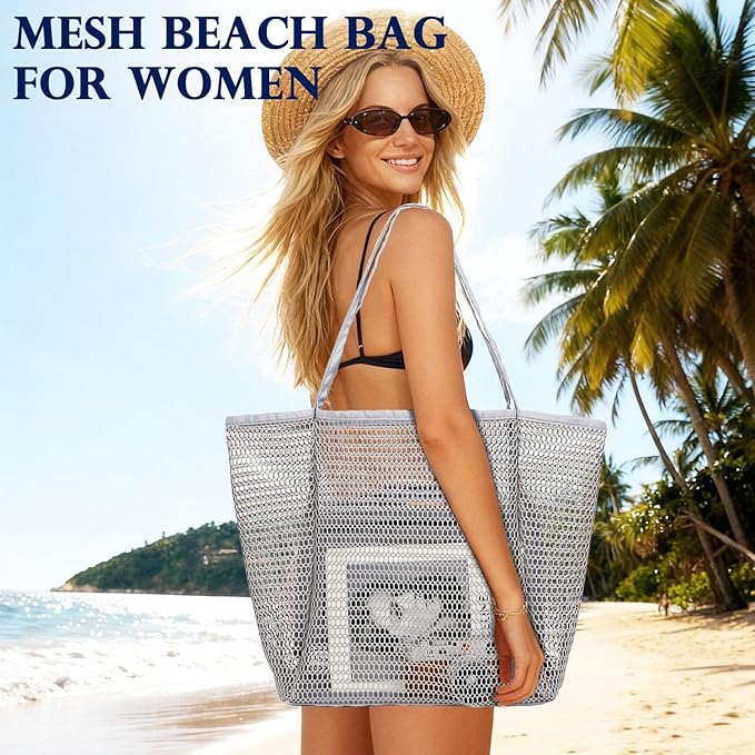 Fammart Mesh Beach Bag for Women, Summer Straw Tote Hobo Pool Bags with Zipper Pocket, Travel Vacation Cruise Essentials 2026