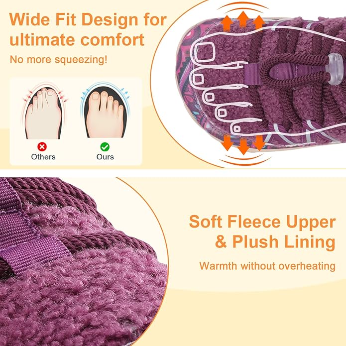 relxfeet Women's Wide Width Slippers Cozy Furry Barefoot House Shoes with Adjustable Fit Non-Slip Indoor Outdoor Slippers for Diabetic Bunion Swollen Feet Friendly