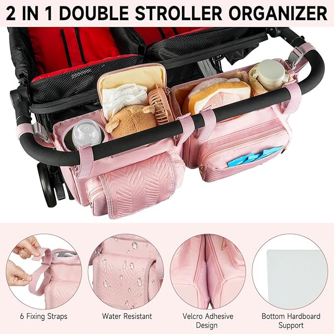 Double Stroller Caddy Compatible with Bob Duallie,Baby Jogger City Mini Gt2 and Zoe Twin V2,Double Stroller Parent Console with Cooler Bag and Cup Holder,Pink
