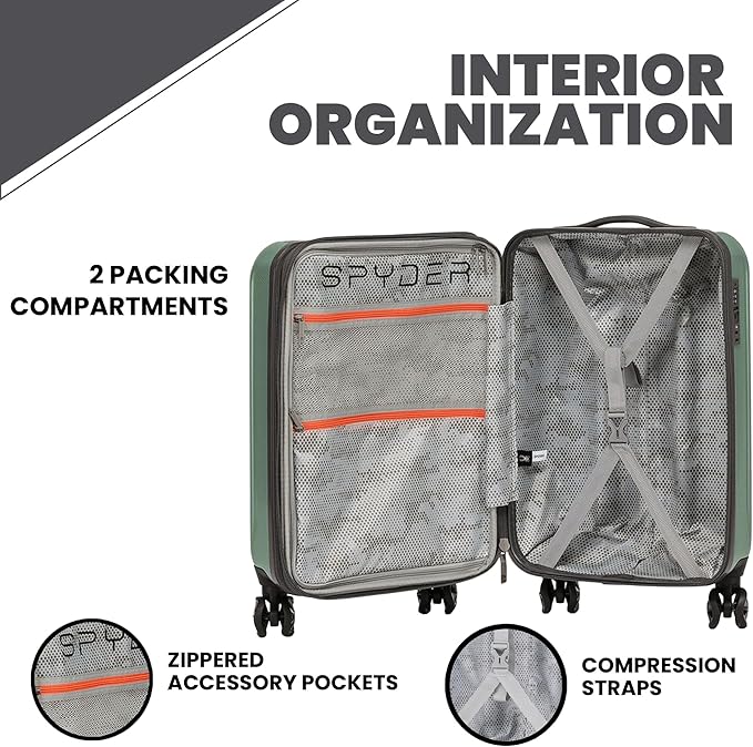 Spyder Rails Expandable Hardside Upright Suitcase with 360° Spinner Wheels, TSA Approved Lock (Sage, Large Checked)
