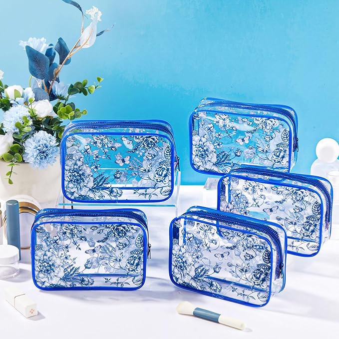 Set of 10 Clear Floral Cosmetic Bags PVC Makeup Bags Waterproof Travel Organizer Toiletry Pouches for Wedding Birthday Baby Shower Party Ideal Gift for Women Nurse Bridesmaid(Blue)
