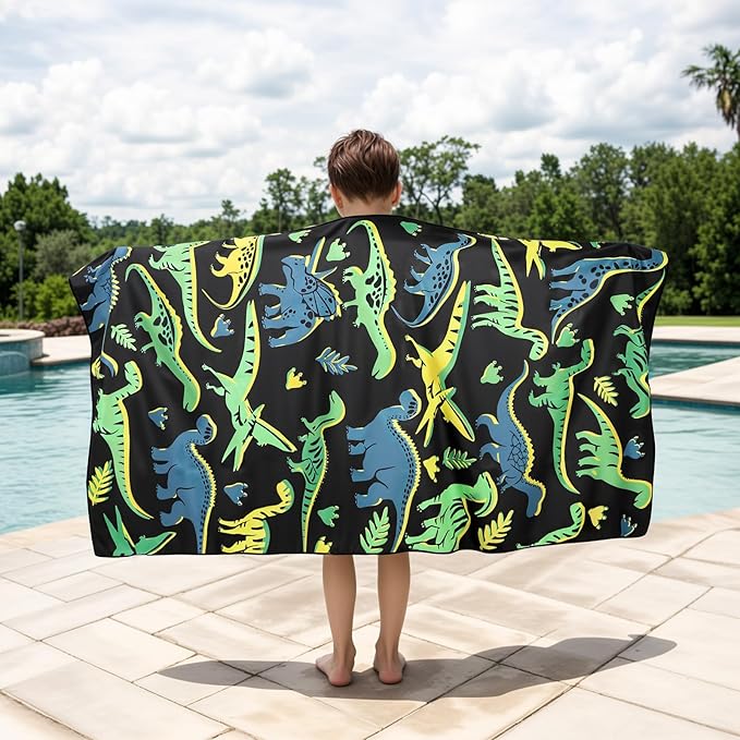 MelonBoat Large Microfiber Beach Towel: 2pcs Green Dinosaur & Bright Blue Shark Beach Towel for Travel, Absorbent Quick Dry Sand Free, Lightweight Compact for Kids Trip Vacation Bath Camping Pool Swim