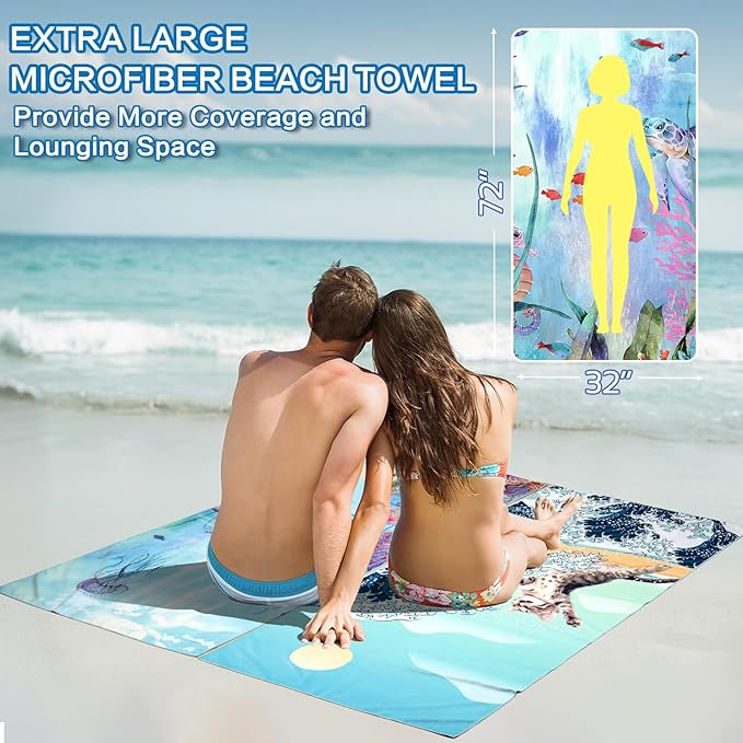 Beach Towel Oversized 2 Pack Extra Large Beach Towels 72"x32" Quick Dry Absorbent Sand Free Thin Lightweight Beach Towel for Kids Men Women Camping Towel, Gym, Hiking, Pool, Bath, Yoga,Travel Vacation