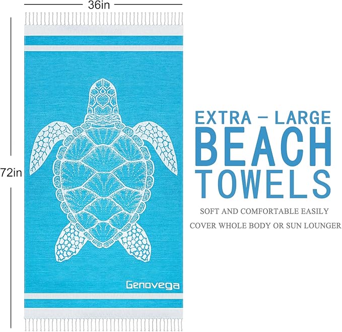 Oversized Cotton Turkish Beach Towels 72"x36" Lightweight Quick Dry Sandless Pool Swim Towel Large No Sand Adult Travel Compact Blanket Essentials Cruise Accessories Must Haves Light Blue Turtle