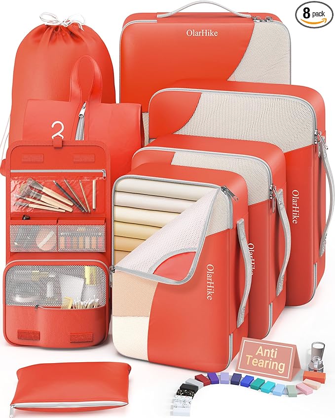 8 Set Packing Cubes for Travel, Gifts for Women Mom,Anti-Tearing Suitcase Organizer for Luggage with Shoe & Hanging Toiletry Bag,OlarHike Vacation Essentials & Accessories for Cruise Ship,Orange