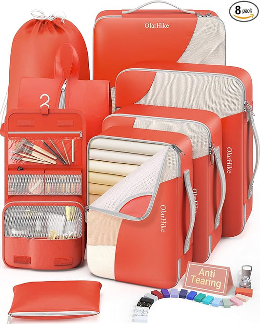 8 Set Packing Cubes for Travel, Gifts for Women Mom,Anti-Tearing Suitcase Organizer for Luggage with Shoe & Hanging Toiletry Bag,OlarHike Vacation Essentials & Accessories for Cruise Ship,Orange