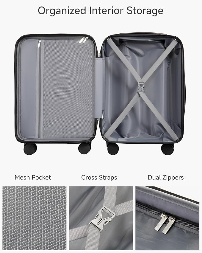Carry On Luggage 22 x 14 x 9 Airline Approved, H1F Front Pocket Hardside Suitcase with Spinner Wheels, TSA Lock (FX-Lite, Beige, Carry on 20 Inch)