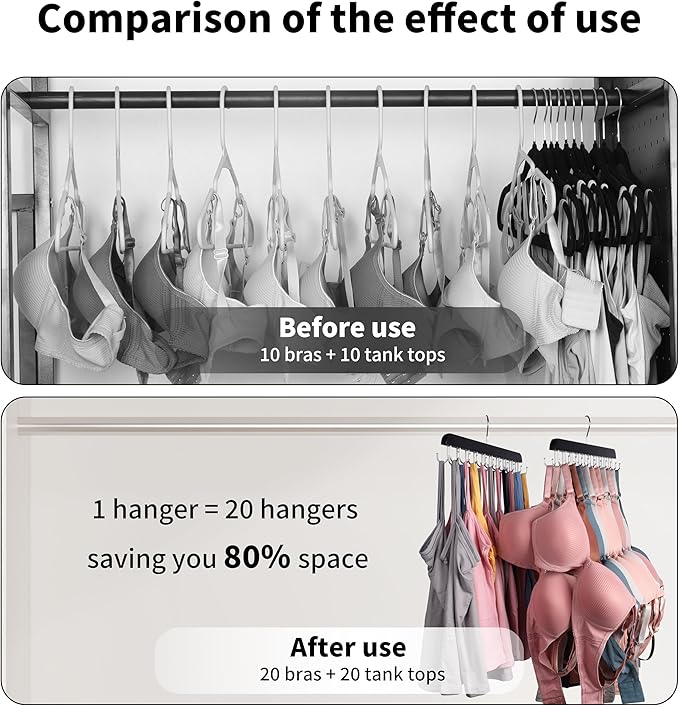 Bra Hangers for Closet Organizer,Tank Top Hanger with 20 Hooks,Space Saving Wooden Adjustable Hangers,Closet Organizers and Storage Suitable for Dorm, Apartments, Tank Tops, Bras, Hats