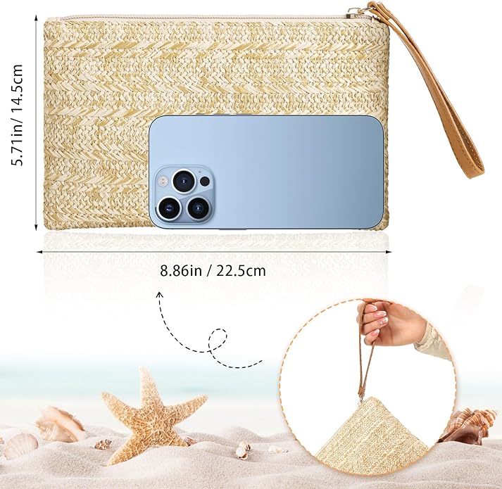 Clothirily Straw Purse Bag for Women Bohemian Handbag with Zipper Wristlet, Beach Clutch Womens Straw Clutch Purse for Summer