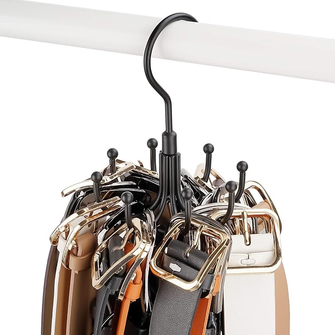 ZEDODIER Belt Organizer for Closet, Heavy-Duty Rotating Belt Hanger Rack Holds up to 24 Belts, Hanging Space Saving Metal Belt Holder for Closet Storage, Black