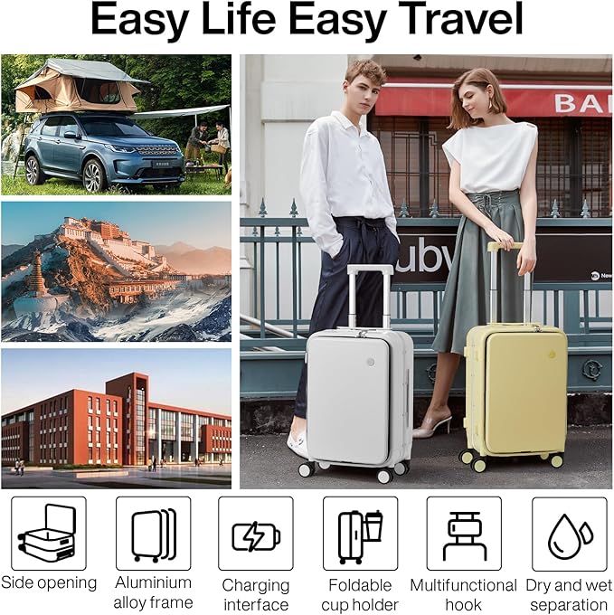 mixi Carry On Luggage with Cup Phone Holder and Charger Hard Shell Suitcases with Spinner Wheels, 20 Inch Smoke White