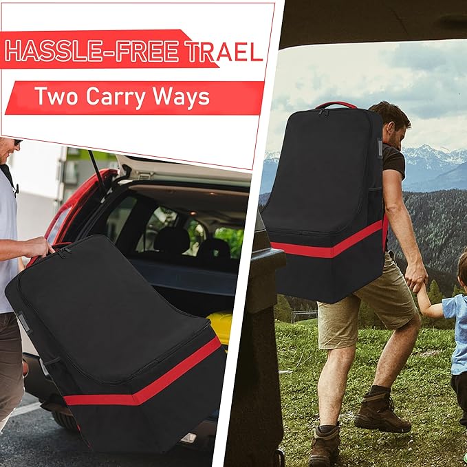 Padded Car Seat Travel Bag for Airplane, Heavy Duty Car Seat Bag for Air Travel Gate Check Carseat Carrier Bag with Shoulder Strap, Fits Most Baby & Infant Car Seats (Black Red)