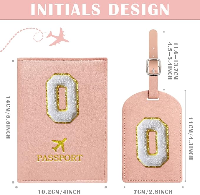 COSHAYSOO Passport Cover and Luggage Tag Set with Her Initial Chenille Letter Patch, Trendy Traveling Bag Backpack Suitcase Identifier Christmas Gifts for Women Girls Pink O