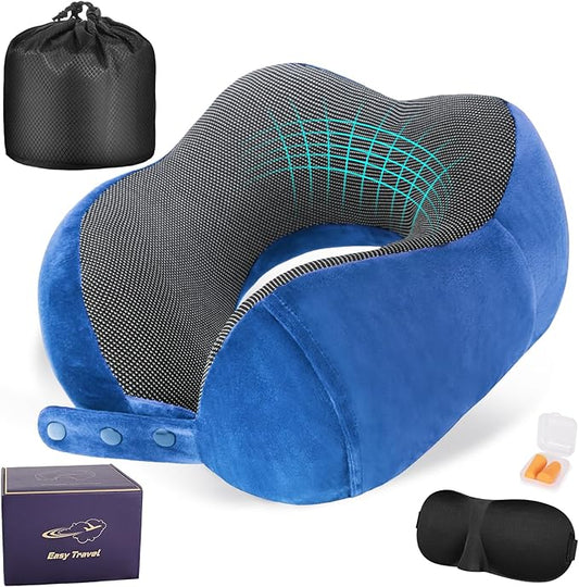 Neck Pillow for Traveling, Travel Pillows for Airplanes,100% Pure Memory Foam Travel Neck Pillow, Adjustable Flight Pillow, Portable Plane Accessories with Eye Mask, Earplugs, Carry Bag