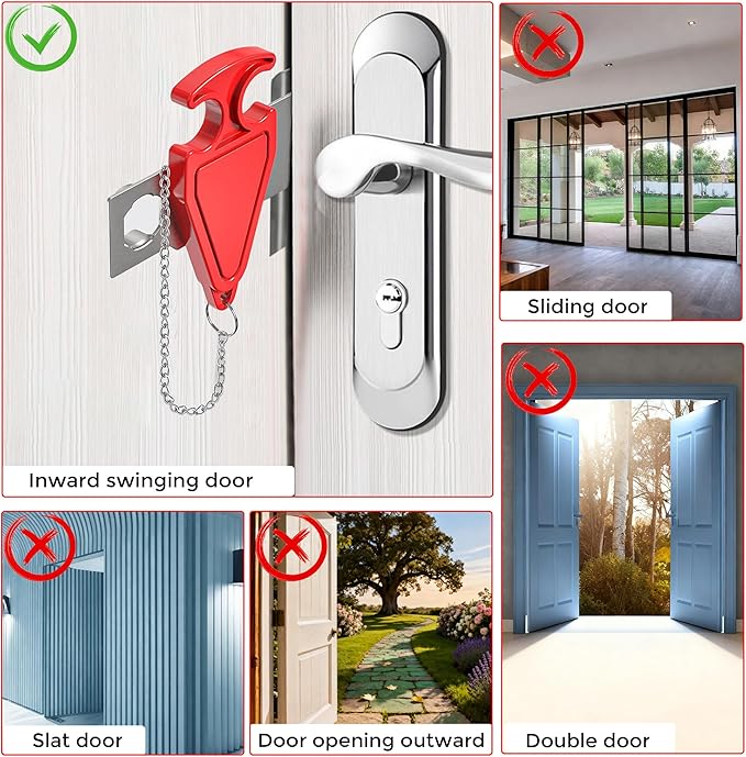 Portable Door Lock, Travel Door Lock for Hotel, Apartment, Dorm & Home – Extra Security Door Stoppers, Hotel Safety Devices for Travel Privacy Protection 3PK Red